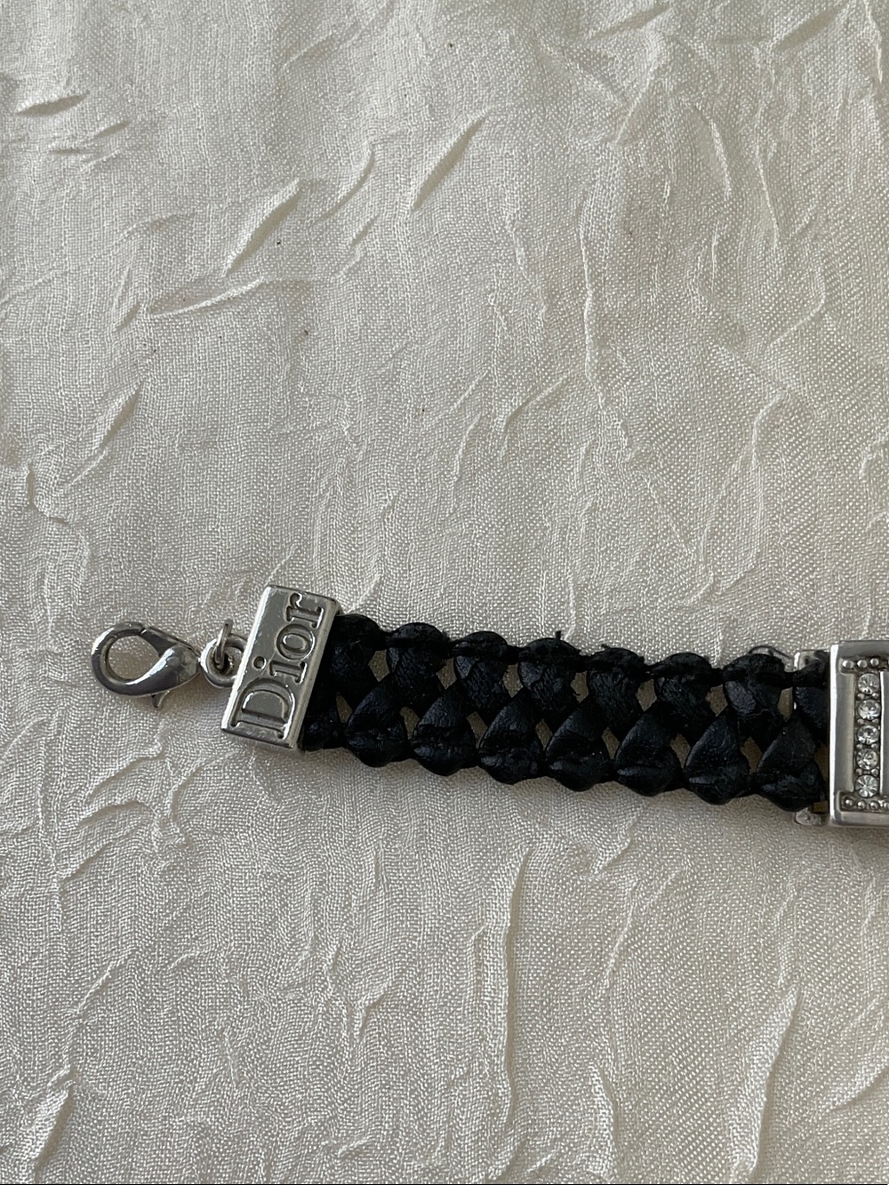 Dior Black Braided Leather Bracelet with Silver Logo Plate - Picture 5 of 7